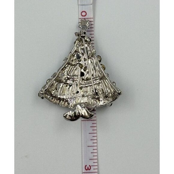 Silver Tone Christmas Tree Blue Green Rhinestone Brooch Holiday Party Pin - Picture 5 of 7